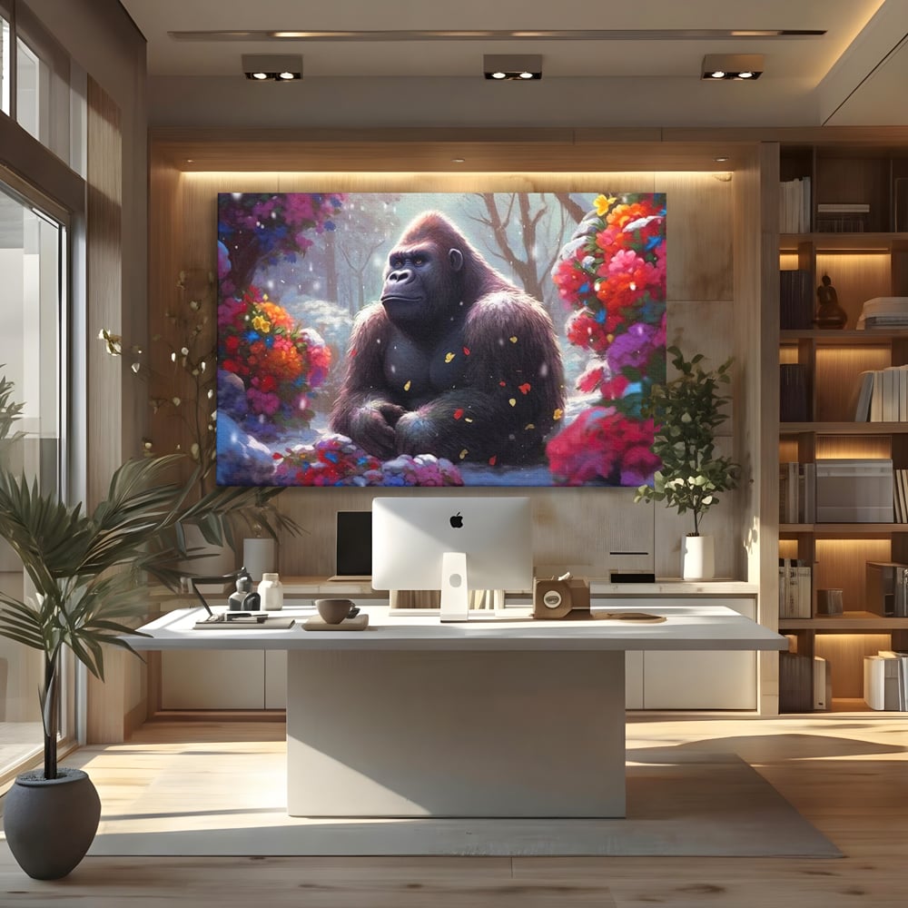 Tablou canvas cu tablou canvas cu gorila si flori, fara rama, pe sasiu de lemn, pe perete intr-un birou